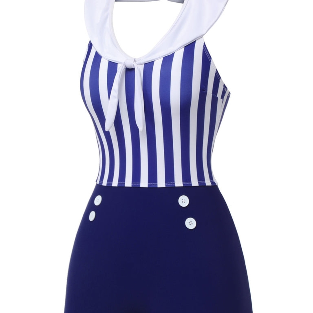 Blue and White Striped One Piece Swimsuit with Halter Neck 1950s RETRO STAGE
